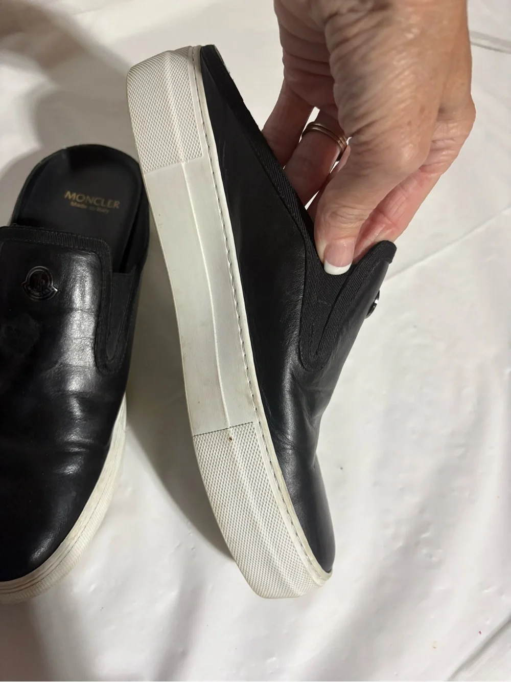 Moncler Black Leather Slip-On Loafers with White Sole